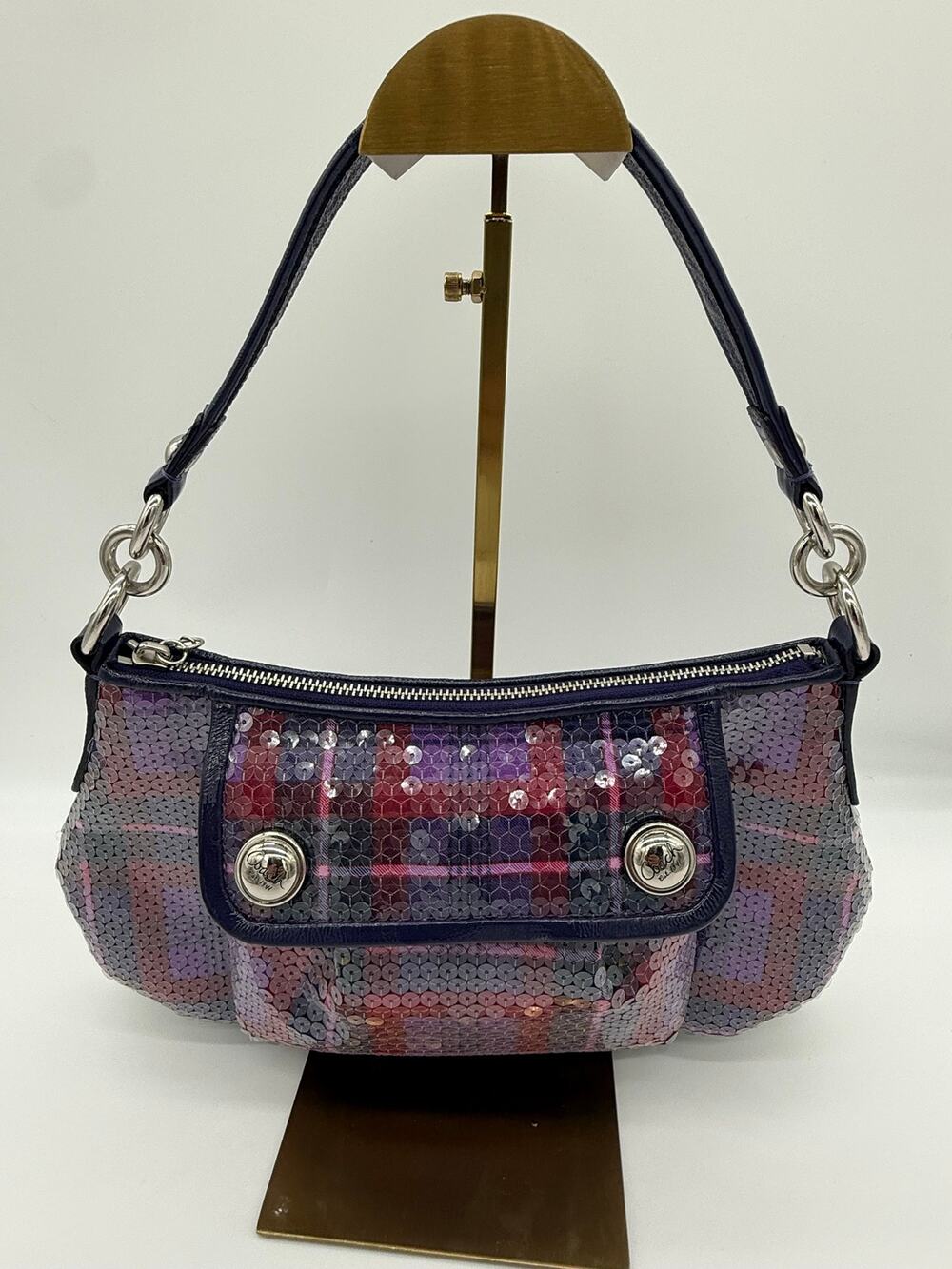 Coach Poppy Sequin Plaid Shoulder Bag Purple Pink Tartan Groovy Flap 16048 Y2K